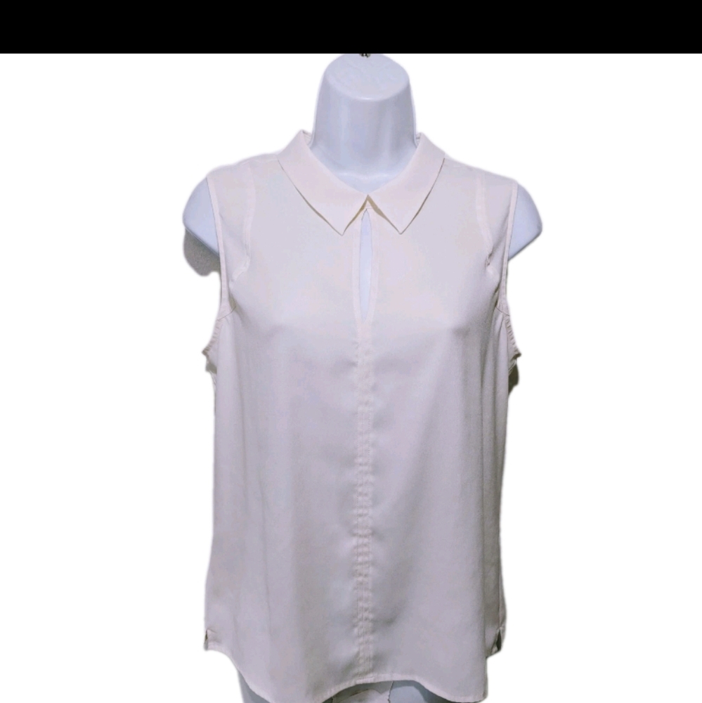 Ann Taylor Collared Keyhole Neck Sleeveless Blouse Top PM MP Beige